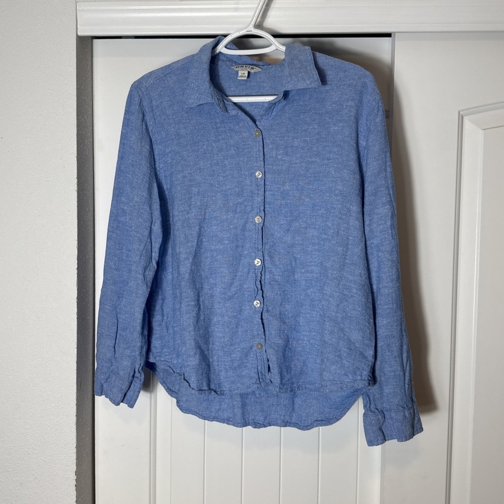 Orvis Women's Long Sleeve Linen Blend Button Down Shirt Size Large
